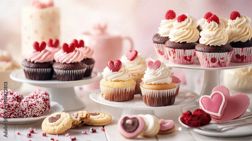 Assorted Valentine's Day-themed cupcakes and cookies with heart decorations on table Assorted Valentine's Day-themed cupcakes and cookies with heart decorations on table