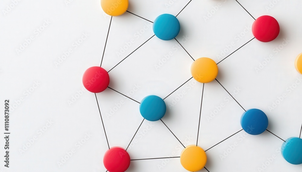 Fototapeta premium Colorful network of dots connected by lines on a white background.