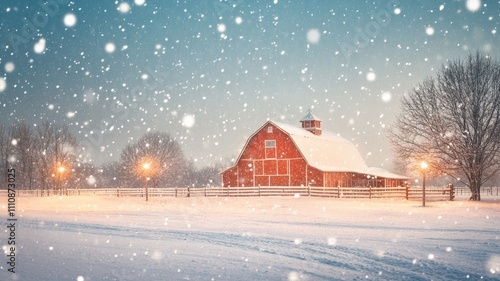 Snow-covered red barn in winter landscape with falling snow, warm lights, and trees