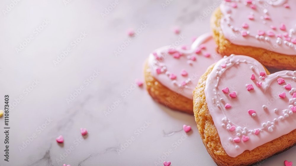 Heart-shaped cookies with pink icing and sprinkles on marble table Heart-shaped cookies with pink icing and sprinkles on marble table