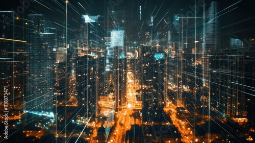 Wallpaper Mural Night city skyline with glowing digital lines. Torontodigital.ca