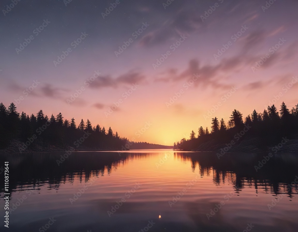 A crescent moon glowing softly on the surface of a calm lake at sunset, background, crescent moon, landscape A crescent moon glowing softly on the surface of a calm lake at sunset, background, crescent moon, landscape
