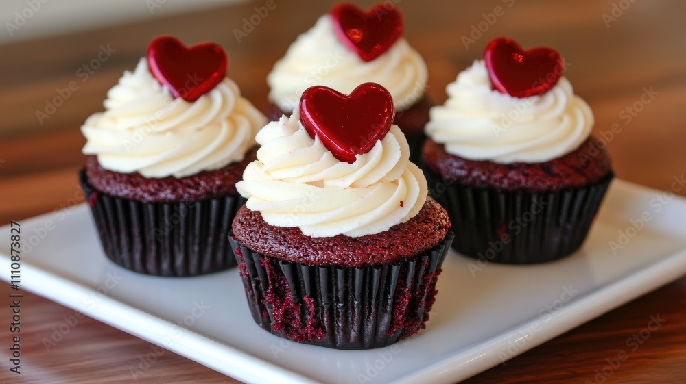 Four red velvet cupcakes with cream cheese frosting and heart decorations on white plate Four red velvet cupcakes with cream cheese frosting and heart decorations on white plate