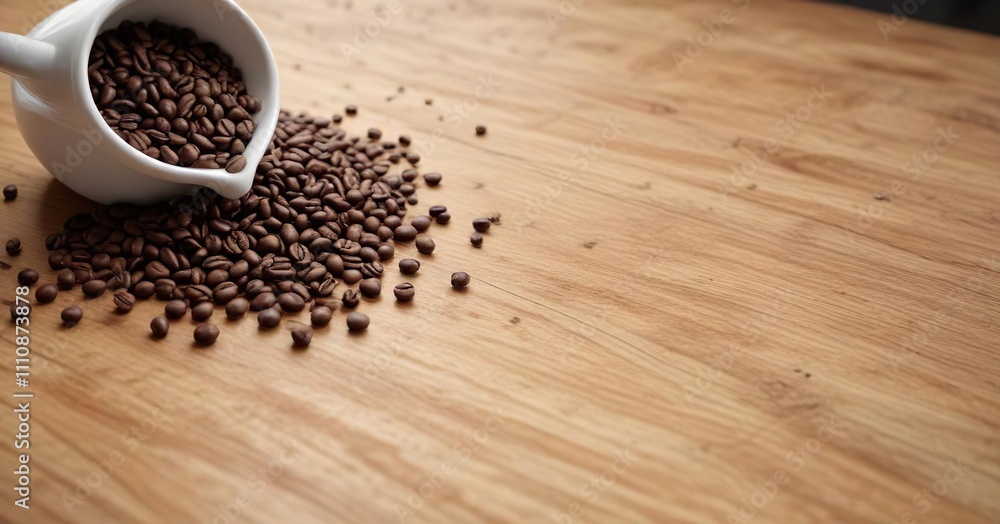 A cup of coffee beans scattered on a wooden table, coffee beans, small A cup of coffee beans scattered on a wooden table, coffee beans, small