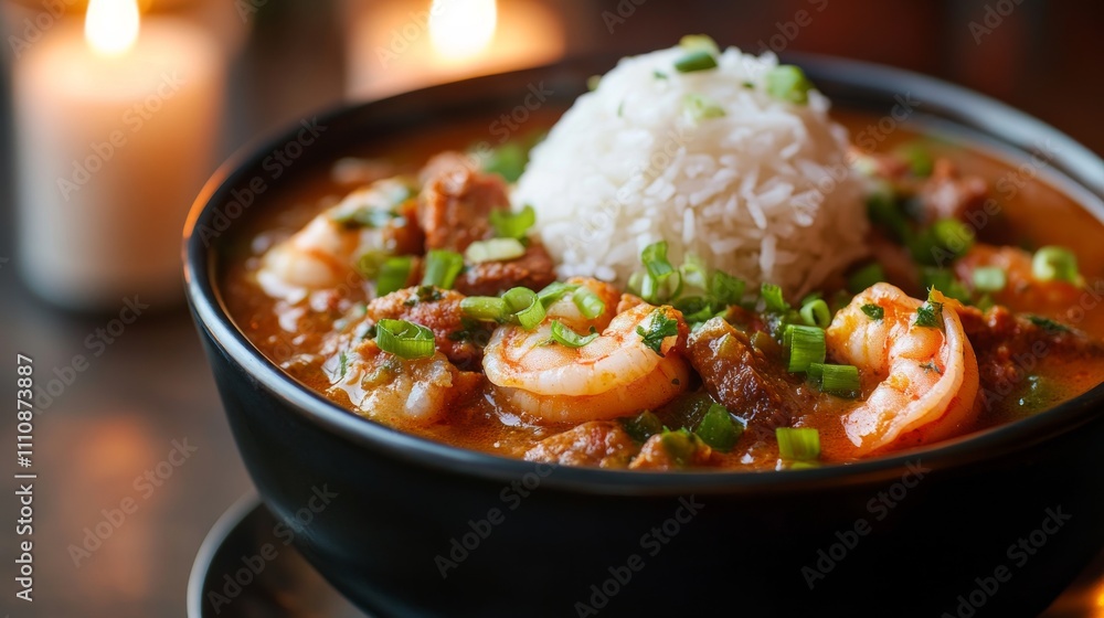 Photo of, A bowl of spicy seafood gumbo filled with shrimp, crab Photo of, A bowl of spicy seafood gumbo filled with shrimp, crab