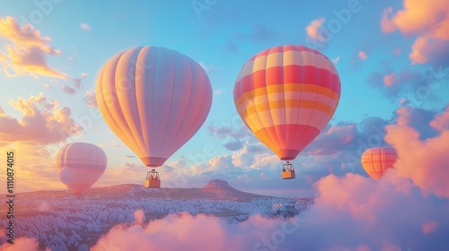 Colorful hot air balloons soar above a mountain range at sunset, with clouds creating a soft and dreamy backdrop.