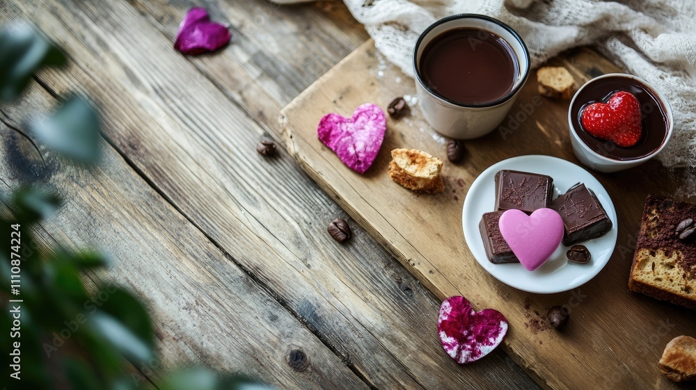 Romantic setup with chocolates, hearts, and warm drink on rustic table Romantic setup with chocolates, hearts, and warm drink on rustic table