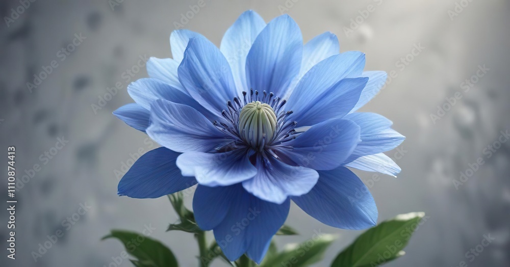 Obraz premium A delicate blue flower with an enormous show-stopping center blossom, greenery, leafy, delicate flowers