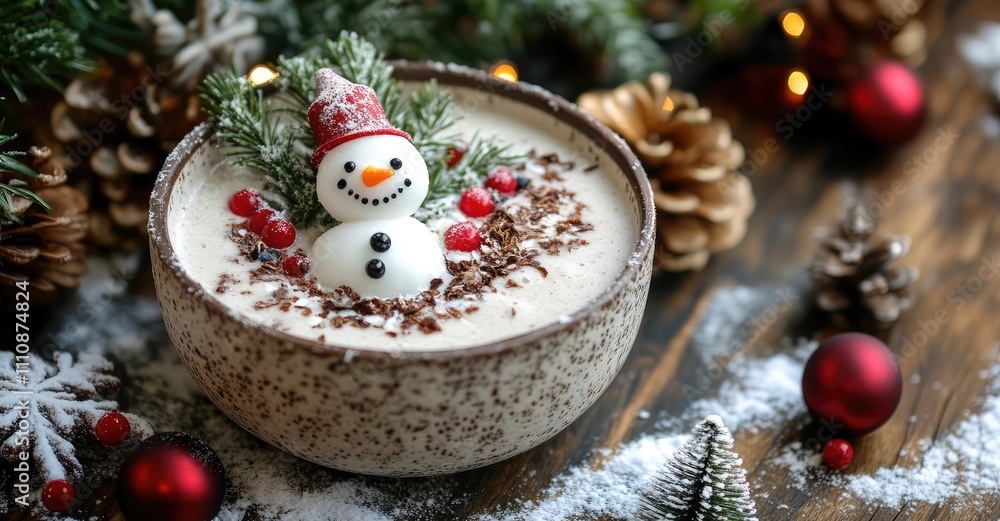 Winter Christmas Smoothie Bowl with Coconut and Snowman. AI generated illustration.