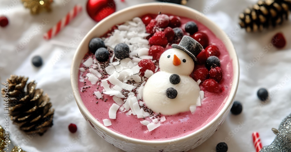 Winter Christmas Smoothie Bowl with Coconut and Snowman. AI generated illustration. Winter Christmas Smoothie Bowl with Coconut and Snowman. AI generated illustration.