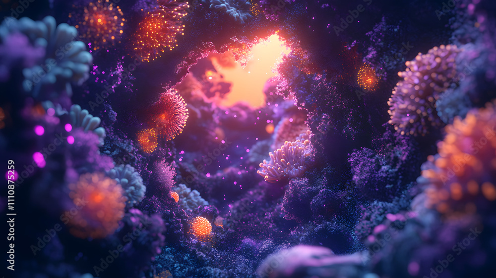 An Extraordinary Visualization of a Serene Underwater Portal Bathed in Bioluminescent Light Among Diverse Marine Life An Extraordinary Visualization of a Serene Underwater Portal Bathed in Bioluminescent Light Among Diverse Marine Life
