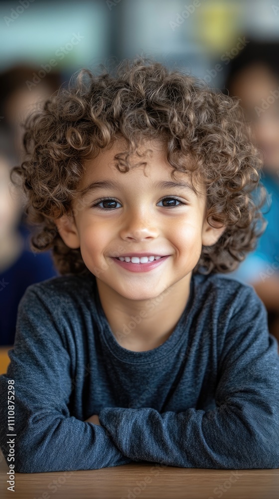 Portrait of smiling latin boy with curly hair sitting at desk in classroom Portrait of smiling latin boy with curly hair sitting at desk in classroom