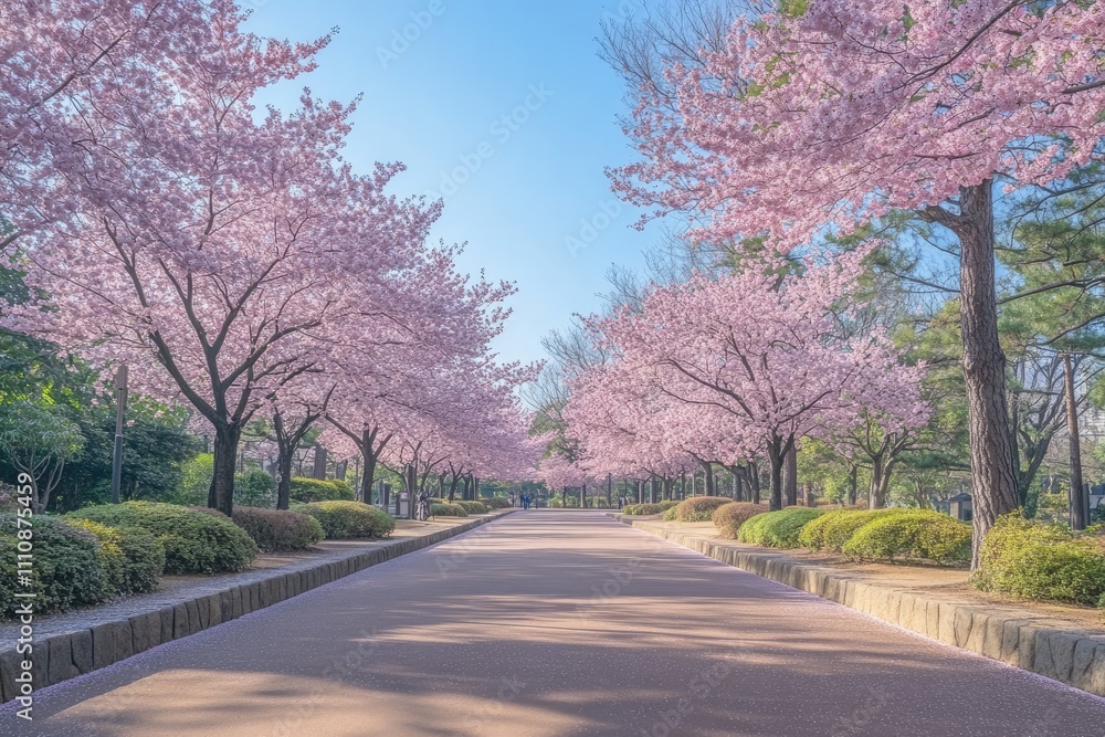 Fototapeta premium Beautiful cherry blossom trees line paved path in scenic park