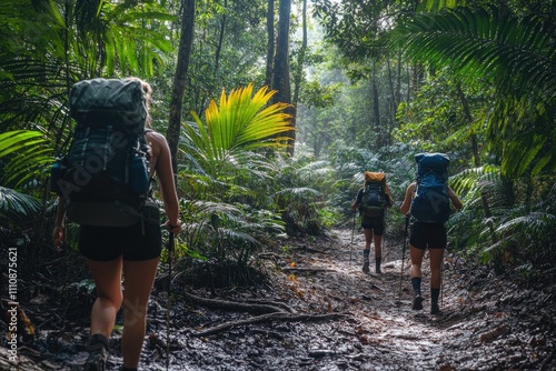 Hikers walking in lush tropical forest trail photo