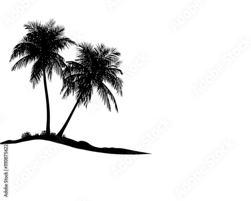 Silhouette of two palm trees on a beach.