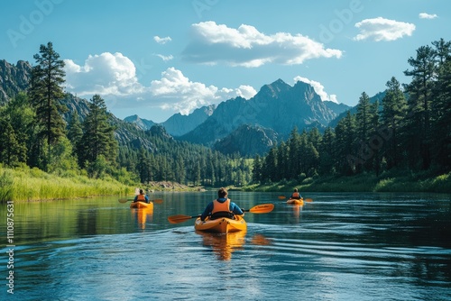 Tourists kayaking in scenic mountain lake on sunny day