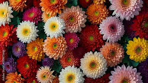 Flowers wall background with amazing red,orange,pink,purple,green and white chrysanthemum flowers ,Wedding decoration, hand made Beautiful flower wall. Generative AI