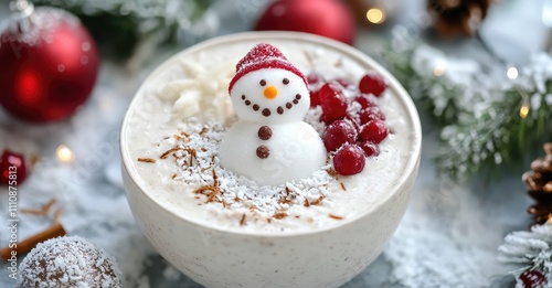 Winter Christmas Smoothie Bowl with Coconut and Snowman. AI generated illustration.