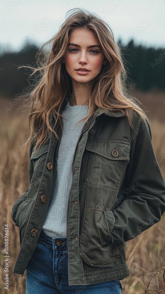 Fashion model posing in field wearing casual outfit Fashion model posing in field wearing casual outfit