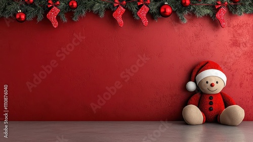 Wallpaper Mural Christmas nursery concept. Festive holiday scene featuring a cheerful plush toy soldier against a red background with Christmas decorations. Torontodigital.ca