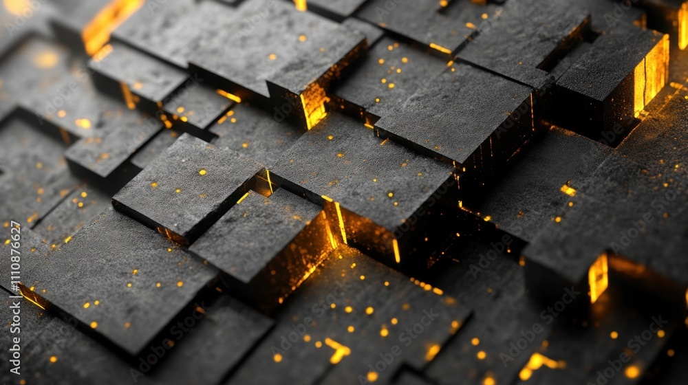 Abstract black cubes with glowing golden light between textured layers Abstract black cubes with glowing golden light between textured layers