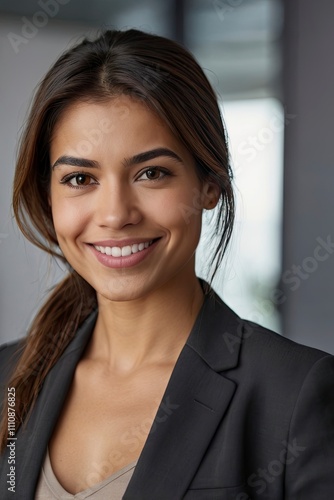 Headshot close up face portrait of young happy smiling Hispanic businesswoman,