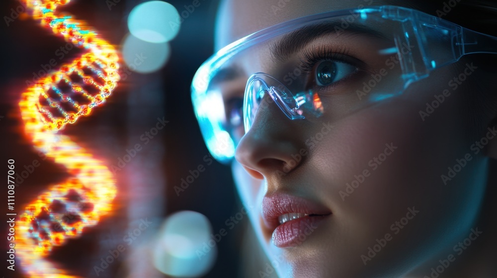 Scientist wearing safety goggles observing a glowing DNA helix in a laboratory setting Scientist wearing safety goggles observing a glowing DNA helix in a laboratory setting