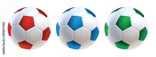 white soccer balls 3d icons. Balls with red blue and green colors inserts. 3d vector render Symbol or emblem football . Vector illustration