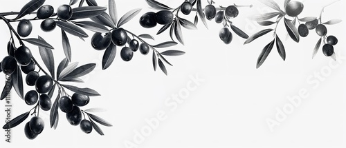 A show olive blossom with a corner of the branch Black vector botanical borders with a large copy space in the center on a plain white background, Generative AI.