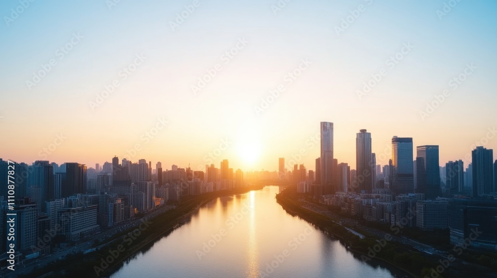 A serene sunrise over a river, framed by modern skyscrapers, creating a beautiful cityscape and tranquil atmosphere. A serene sunrise over a river, framed by modern skyscrapers, creating a beautiful cityscape and tranquil atmosphere.
