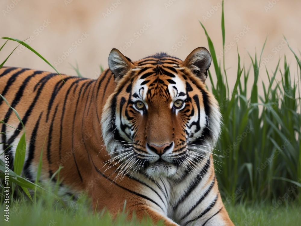 A striking tiger resting in the tall grass the jungle. A striking tiger resting in the tall grass the jungle.