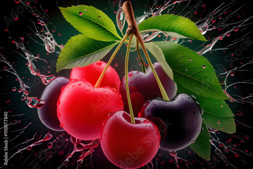 Many cherries on black background with water splash in the air
