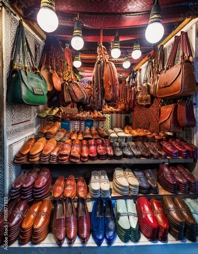 An assortment of traditional Moroccan leather goods, including slippers and bags