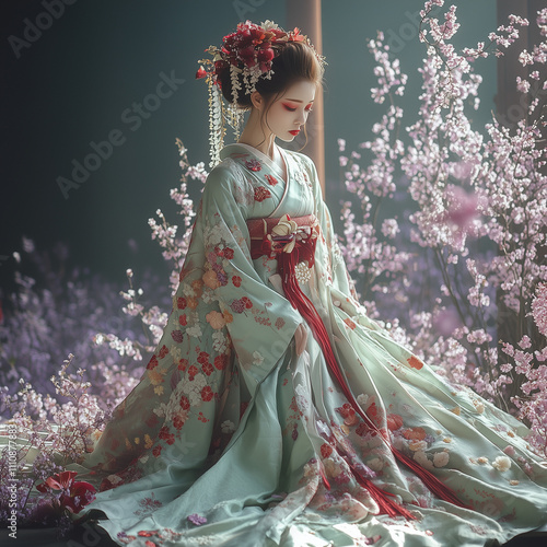 Beautiful Japanese Kimono girl in a traditional Japanese room  photo