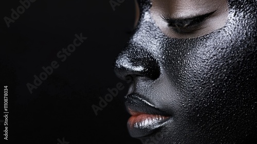 Close-up of a textured black-painted face with glossy highlights on a dark background