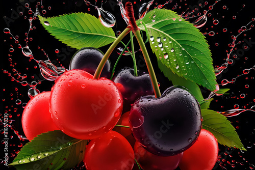 Many cherries on black background with water splash in the air
