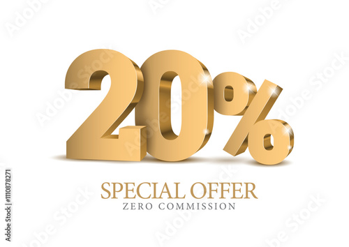 20 percent number. Eighty number in gold 3d. Poster template for discount, sale discount, work progress. Vector illustration
