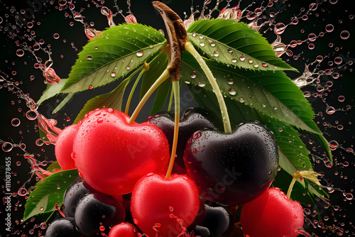 Many cherries on black background with water splash in the air
