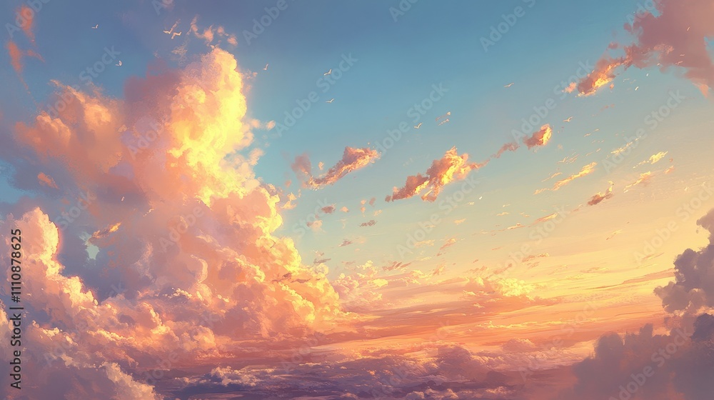 Serene horizon view with captivating golden and peach sunset clouds in nature landscape Serene horizon view with captivating golden and peach sunset clouds in nature landscape