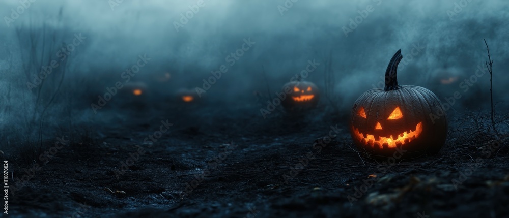 Naklejka premium Foggy cemetery shadows spooky jack-o'-lanterns for a haunting halloween celebration