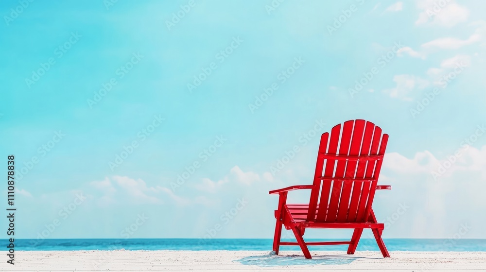 A solitary red beach chair stands on a sandy shore, overlooking the vast ocean. The sky is bright blue with a few fluffy clouds, creating a tranquil atmosphere A solitary red beach chair stands on a sandy shore, overlooking the vast ocean. The sky is bright blue with a few fluffy clouds, creating a tranquil atmosphere