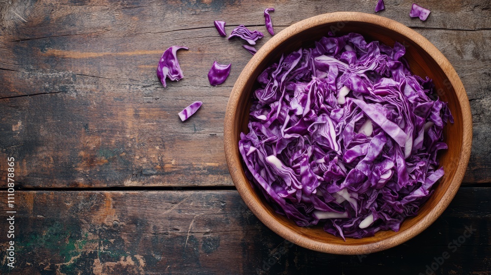 Purple cabbage is neatly chopped and displayed in a wooden bowl placed on a rustic wooden table, showcasing its vibrant color and texture. The setting offers ample copy space Purple cabbage is neatly chopped and displayed in a wooden bowl placed on a rustic wooden table, showcasing its vibrant color and texture. The setting offers ample copy space