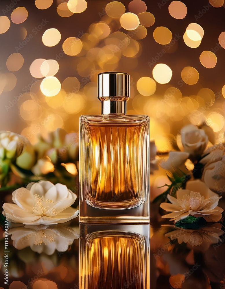Elegant Perfume Bottle with Flowers and Golden Bokeh Elegant Perfume Bottle with Flowers and Golden Bokeh