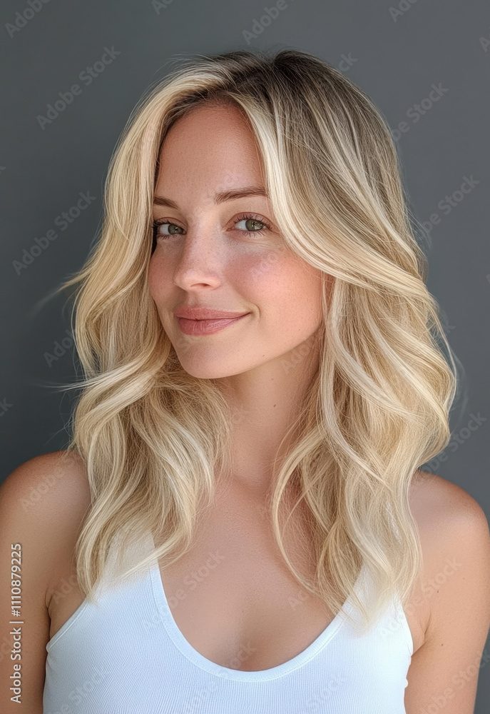 Fototapeta premium Blonde woman with shoulder-length hair, wearing a white tank