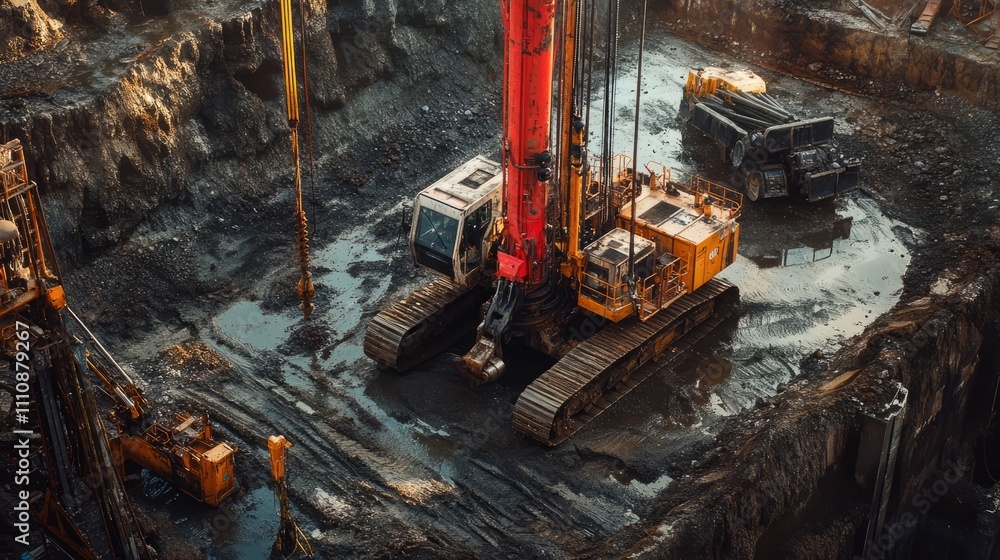 Fototapeta premium A construction site displays heavy machinery including drills and excavators working on a dirt and rock surface. The activity captures the essence of industrial progress