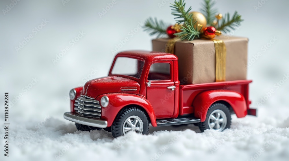 Vibrant Red Toy Truck with Christmas Gift in Snow. High-Quality Christmas Toy Truck Scene. Vibrant Red Toy Truck with Christmas Gift in Snow. High-Quality Christmas Toy Truck Scene.