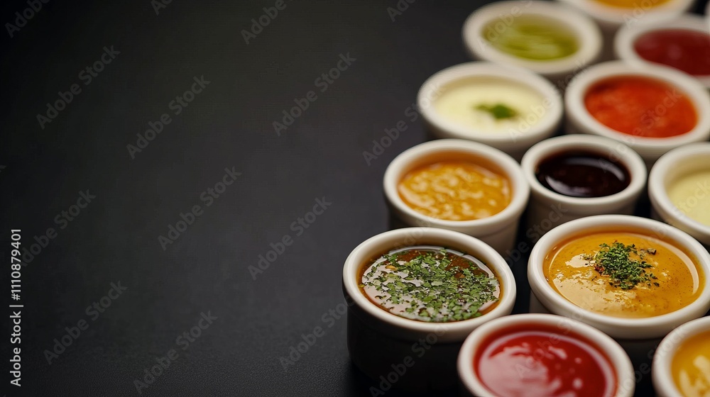 Various sauces presented in small white bowls arranged in a creative layout. The vibrant colors and textures provide an appealing visual for culinary projects or menu planning Various sauces presented in small white bowls arranged in a creative layout. The vibrant colors and textures provide an appealing visual for culinary projects or menu planning
