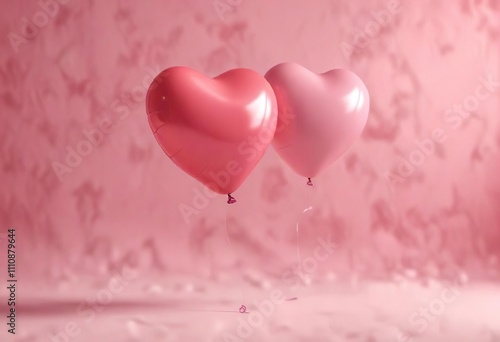 A heart-shaped balloon floating in mid-air against a pastel pink and red background , festive atmosphere, colorful balloons