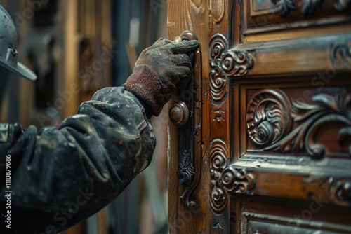 Installing an interior door: worker securing hinges and checking stability photo