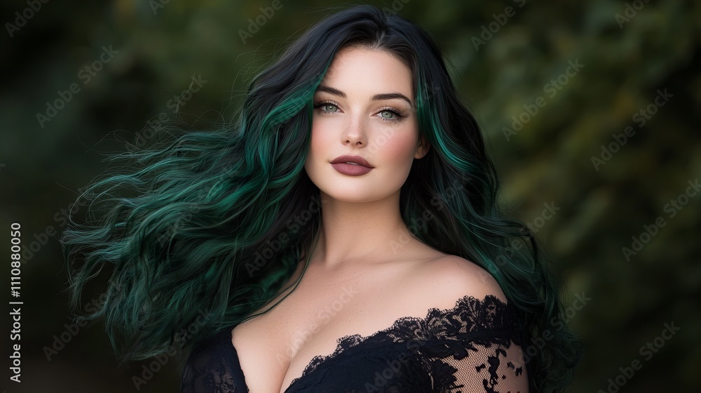 Young woman with striking green hair posing confidently outdoors, exuding elegance and beauty. Young woman with striking green hair posing confidently outdoors, exuding elegance and beauty.